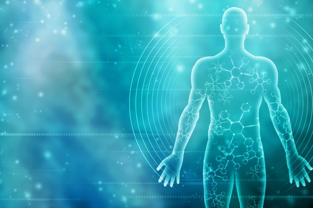 Transparenter menschlicher Körper mit Molekülstrukturen vor blau-grünem Hintergrund mit Lichtpunkten und Kreisen