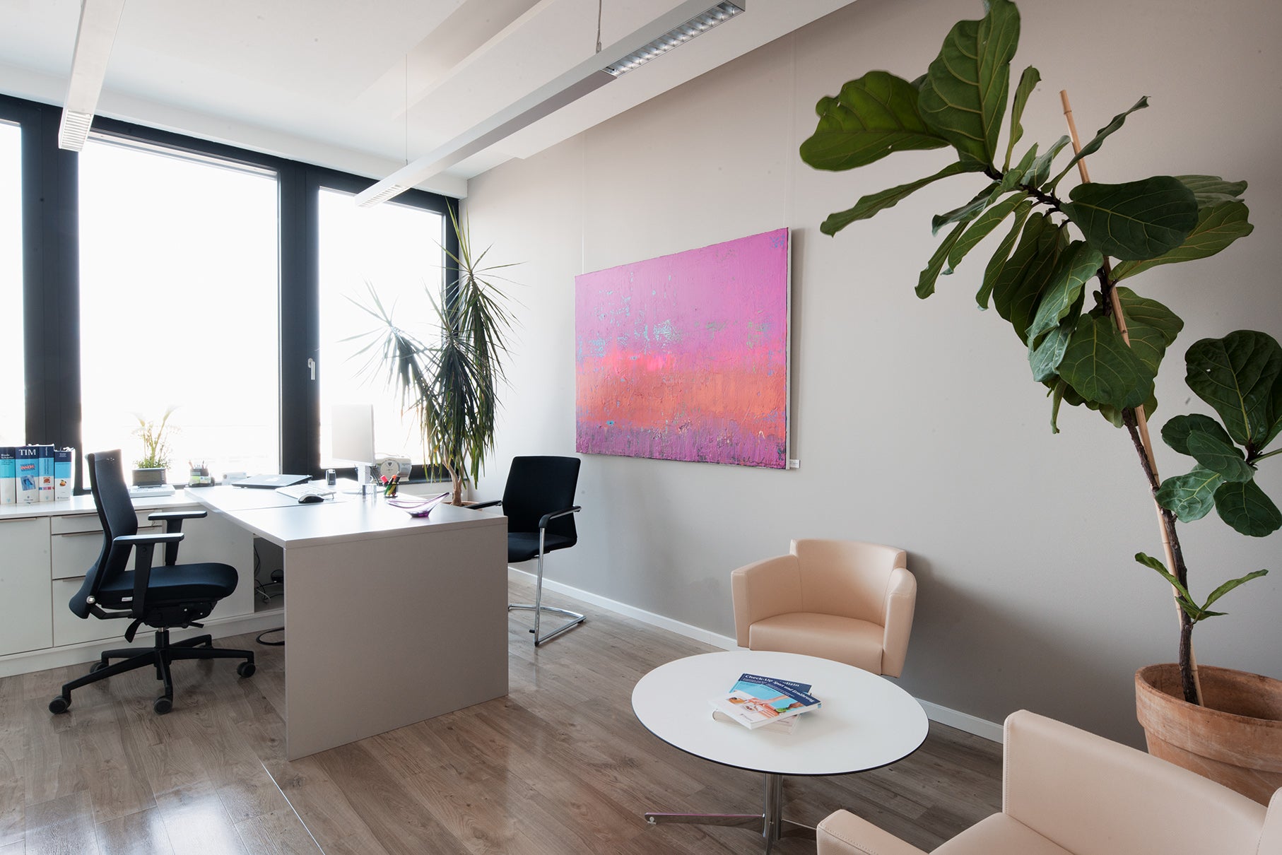 Behandlungszimmer mit Schreibtisch an dem zwei schwarze Stühle stehen. Im Vordergrund auf der rechten Seite ist eine grüne Pflanze und ein kleiner runder Tisch, an dem zwei Stühle stehen. Es hängt ein magentafarbenes Bild an der Wand im Hintergrund.