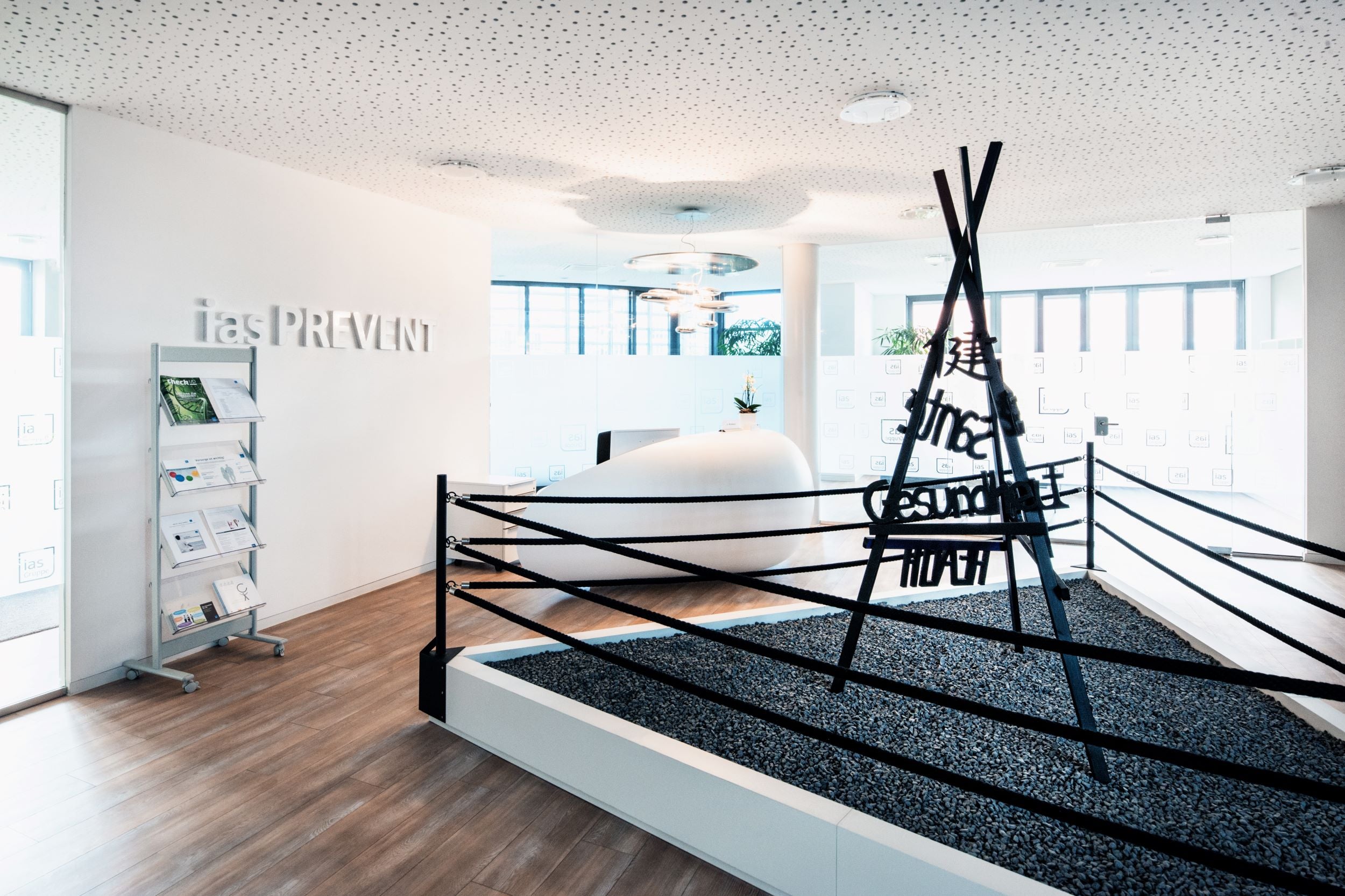 Der Eingangsbereich der ias PREVENT in Karlsruhe. Es ist das Logo der ias PREVENT an einer Wand zu sehen. Daneben ist ein Boxring.