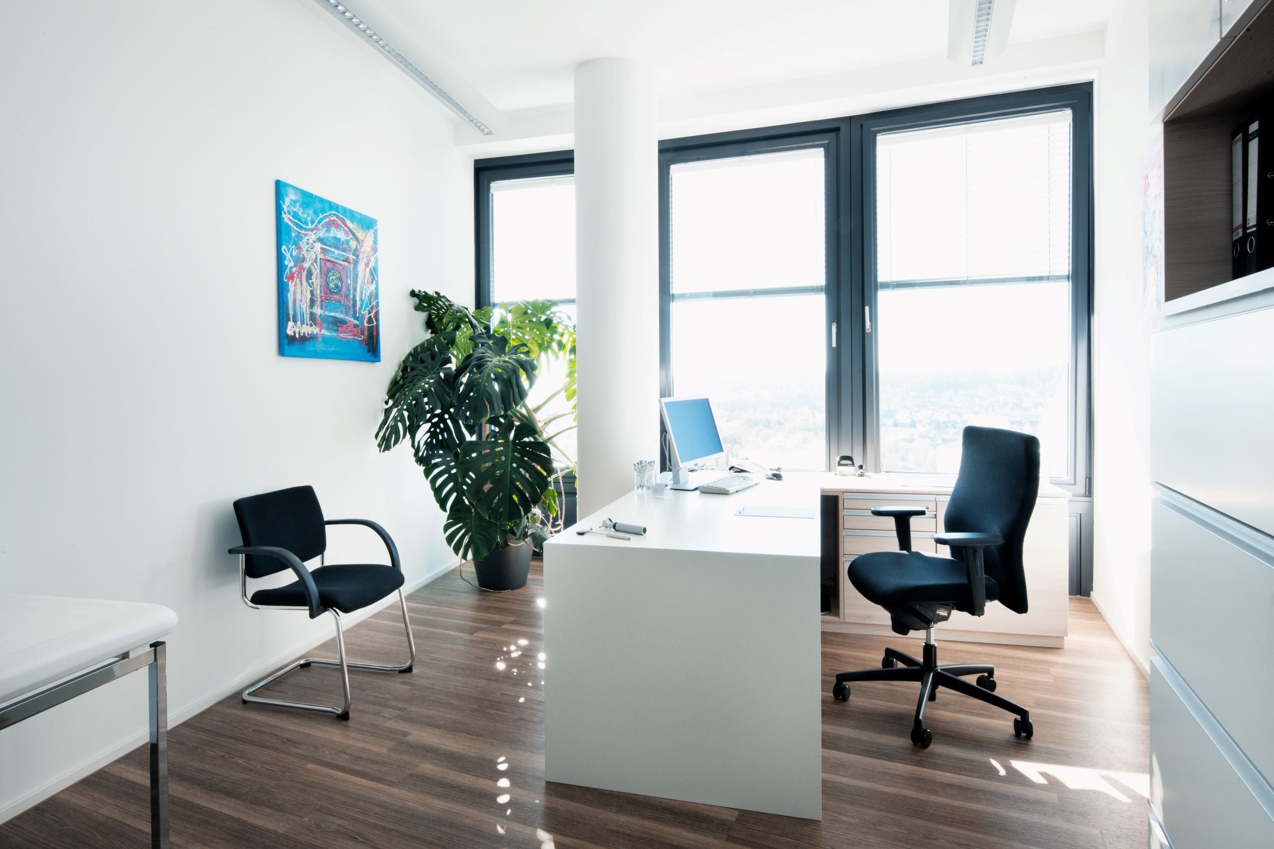 Ein Behandlungsraum der ias PREVENT in Stuttgart. Es ist ein Schreibtisch zu sehen an dem von jeder Seite ein Stuhl steht. Im Hintergrund steht eine große grüne Pflanze. Es hängt ein buntes Bild an der Wand.